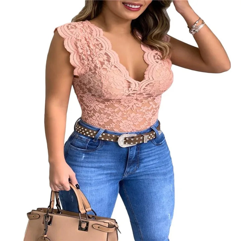Sexy Deep V Neck Sleeveless Lace Blouse Shirts Summer Fashion Women Lace Patchwork Pullover Tops XCDZ-540738 RT220