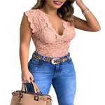 Sexy Deep V Neck Sleeveless Lace Blouse Shirts Summer Fashion Women Lace Patchwork Pullover Tops XCDZ-540738 RT220
