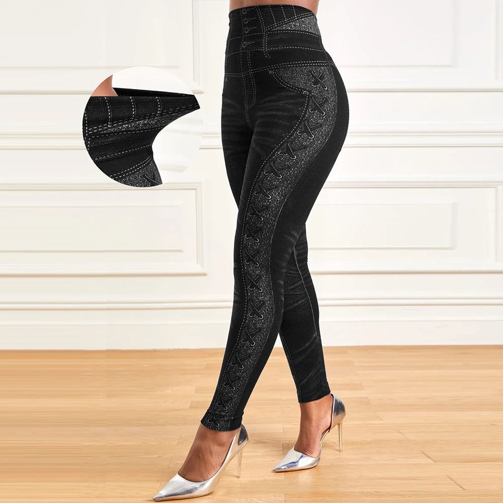 M XXL Faux Denim Leggings Women Clothing Summer High Waist Jeans Oversized Basics Pants Female Casual Slim Trousers RT220