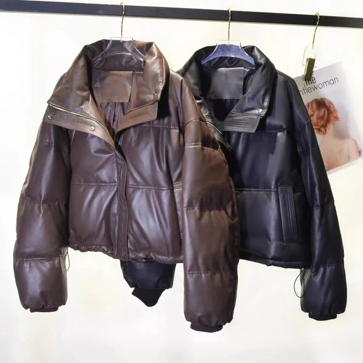 Women Leather Down Jacket Winter 2025 High End Genuine Sheepskin Down Coat Outdoor Thicked Warm Short Puffer Jacket Streetwear RT220