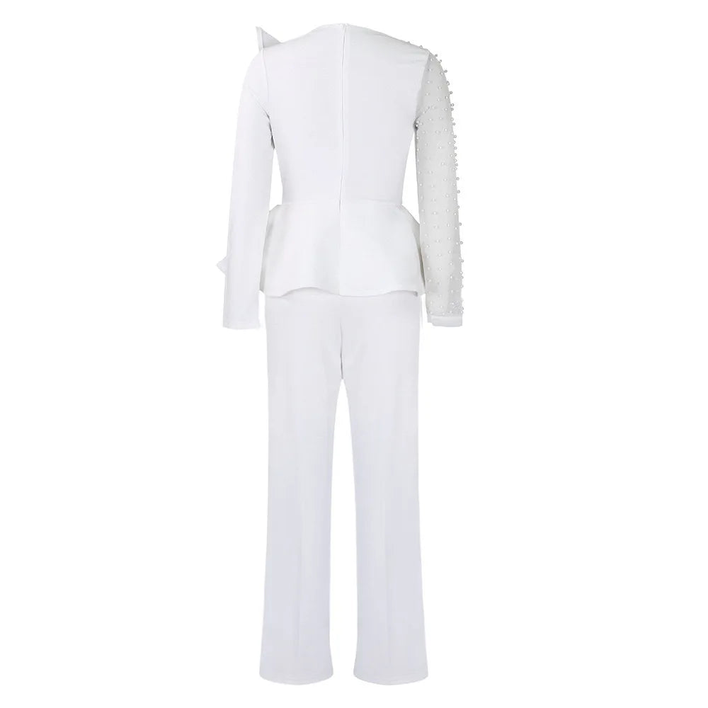 Luxury Jumpsuits & Rompers for Women Round Neck Beaded Transparent Sleeve High Waisted Elegant Female Birthday Party Overalls RT220