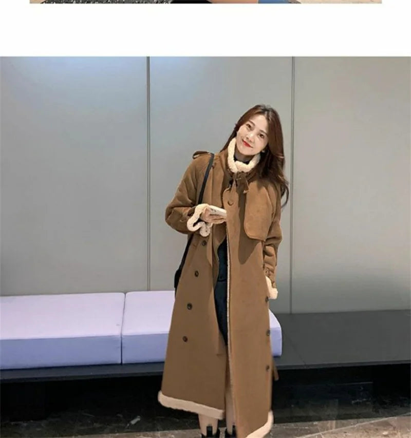 2024 Autumn Winter New Medium Long Double-breasted Lambswool Suede Woolen Coat Women Add Velvet Padded Warm Fur One Woolen Coats RT220