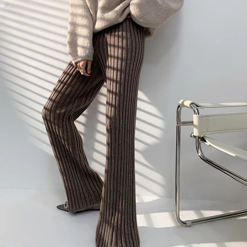 Autumn Winter Casual Thick Knitted Pant Women Long Trousers Elastic High Waist Kniting Wide Leg Pants Striped Pantalon RT220
