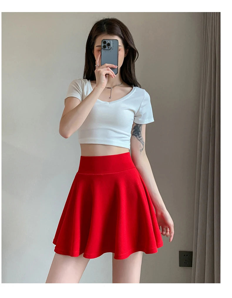 ITOOLIN Women Sweet Solid Color Preppy Skirts Casual Wide Leg High Waist Mini Skirts Women Harajuku Pleated A-line Skirts New RT220