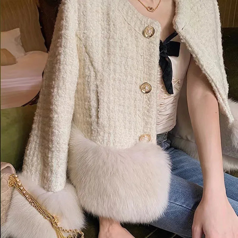 Autumn Winter Women's White Imitation Fox Fur Single Breasted Short Jacket New High-Quality Cotton/Non Cotton Wool Coats RT220