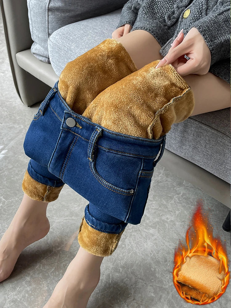 Skinny Women's Warm Jeans Winter Thicken Fleece Stretch High Waist Pencil Pants Fashion Korean Black Blue Gray Velvet Leggings RT220