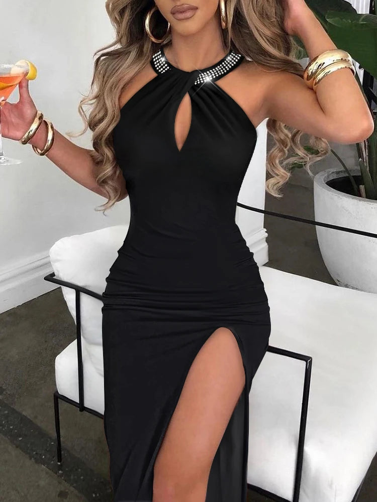 Women Elegant Spring High Split Party Dress 2025 Office Lady V Neck Slim Mid Dress Femme Sleeveless Summer Casual Dress Vestidos RT220