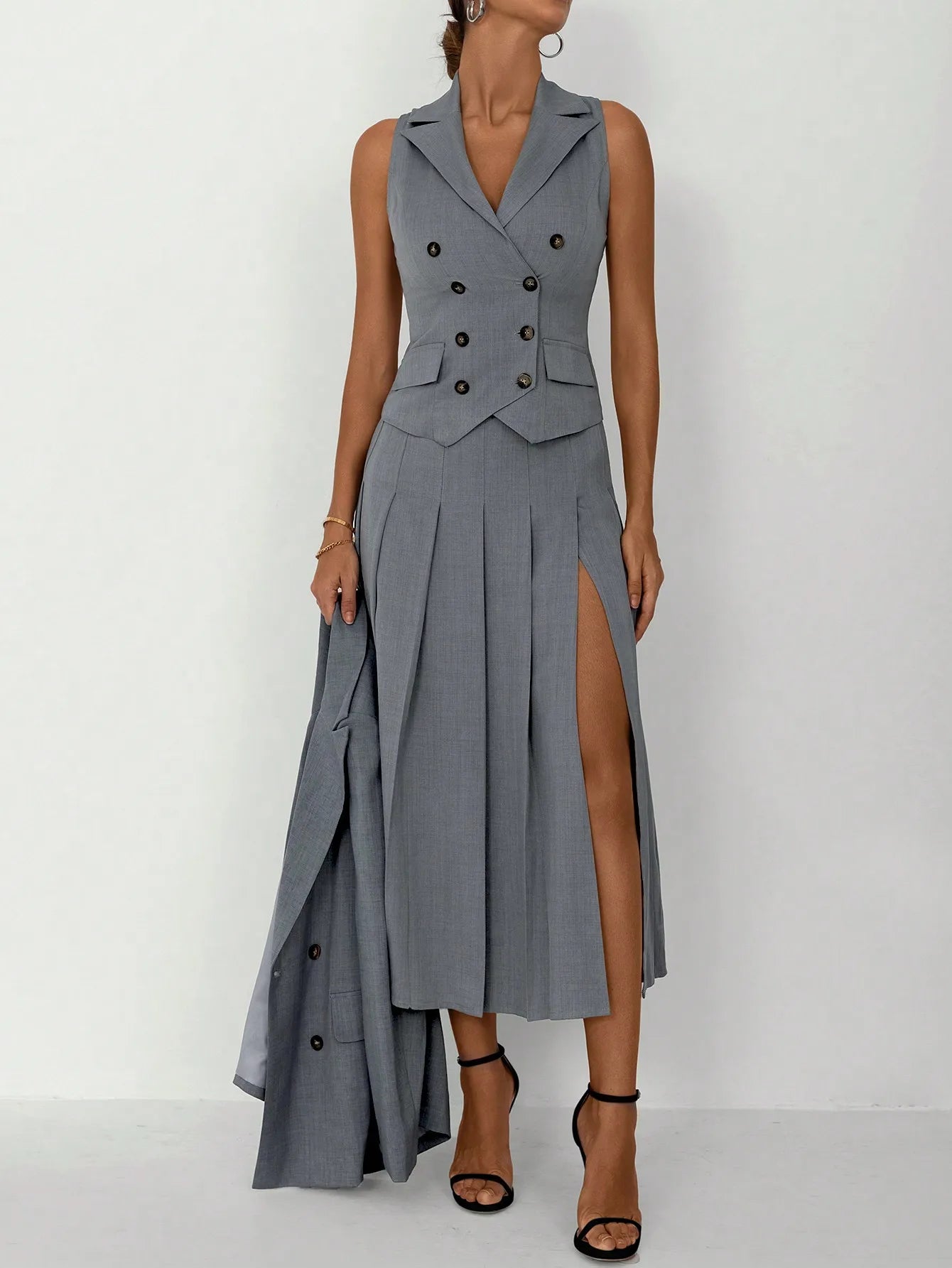 3pcs Women Elegant Work Casual Business Suit Set: Fitted Vest for Spring/Summer, Pleated Midi Skirt, Suitable for Office Lady RT220