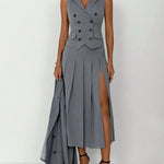 3pcs Women Elegant Work Casual Business Suit Set: Fitted Vest for Spring/Summer, Pleated Midi Skirt, Suitable for Office Lady RT220