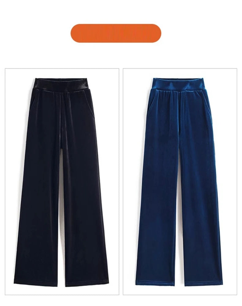 Golden Velvet Wide Legged Pants 2024 Spring and Autumn High Waist Hanging Good Casual Pants Blue Loose Straight Women's Pants6XL RT220