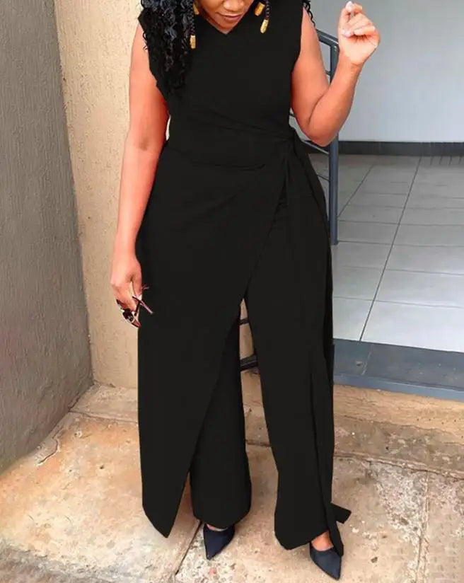 Women's Jumpsuit Summer Fashion Tied Detail V-Neck Casual Plain Sleeveless Asymmetrical Work Long Jumpsuit Y2K Streetwear RT220