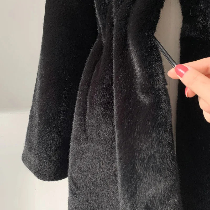 Coats Women Faux Fur Stand Collar Mid Length Long Coat Thick Maxi Warm Thick Open Stitch Elegant Autumn Winter Black Jackets RT220