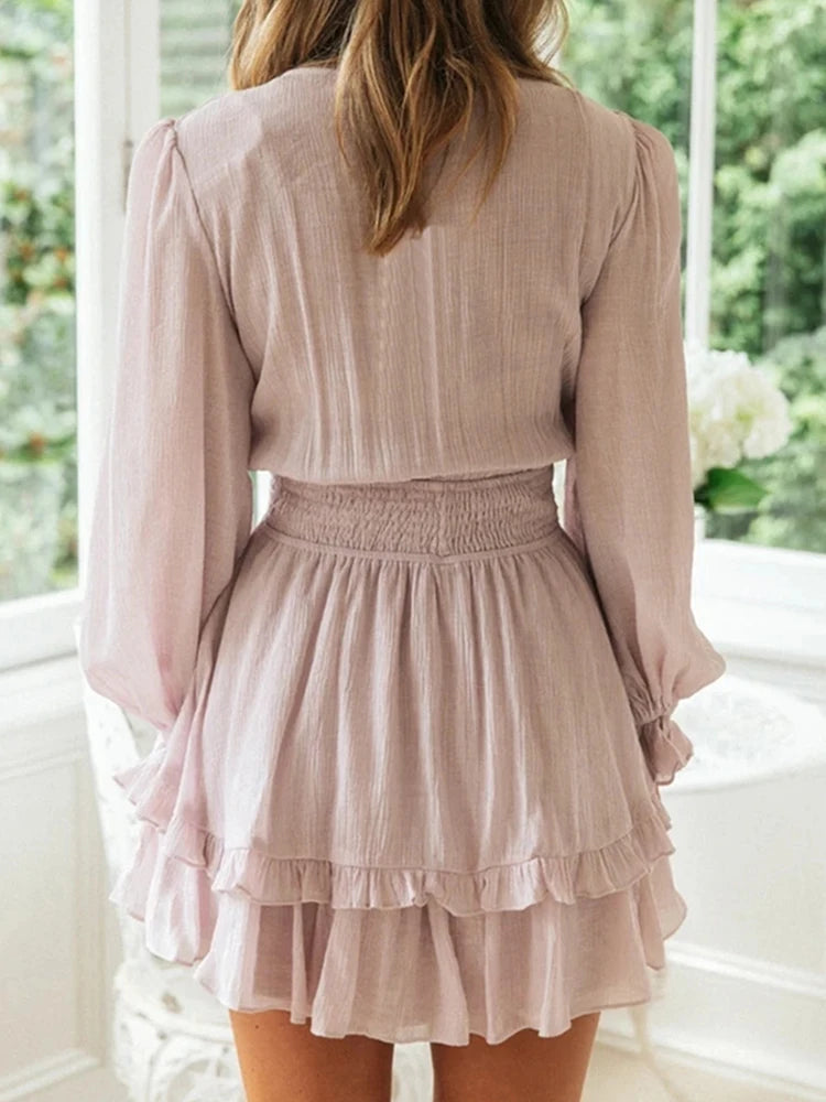 Sexy Cascading Ruffles Women Long Sleeve Mini Dress Deep V-Neck Lace-Up Casual Ladies Party Dress Sweet Streetwear Dropshipping RT220