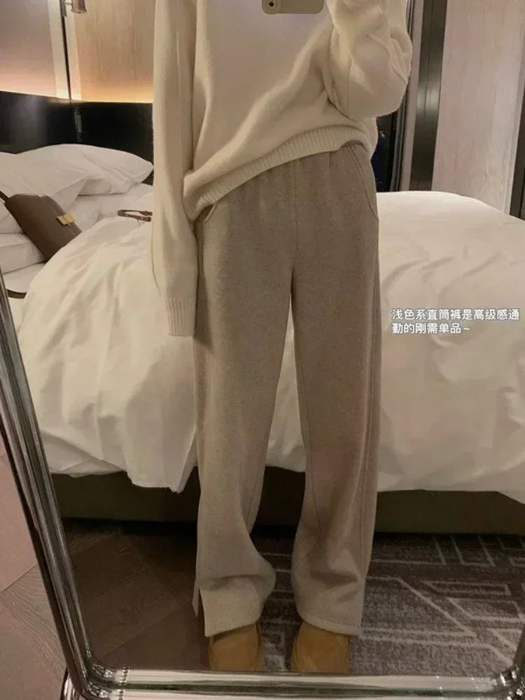 Women Pants Autumn Winter Thickening High Waisted Wool Wide Leg Pants Women Fashion Chevron Lengthening Leg Opening Floor Length RT220