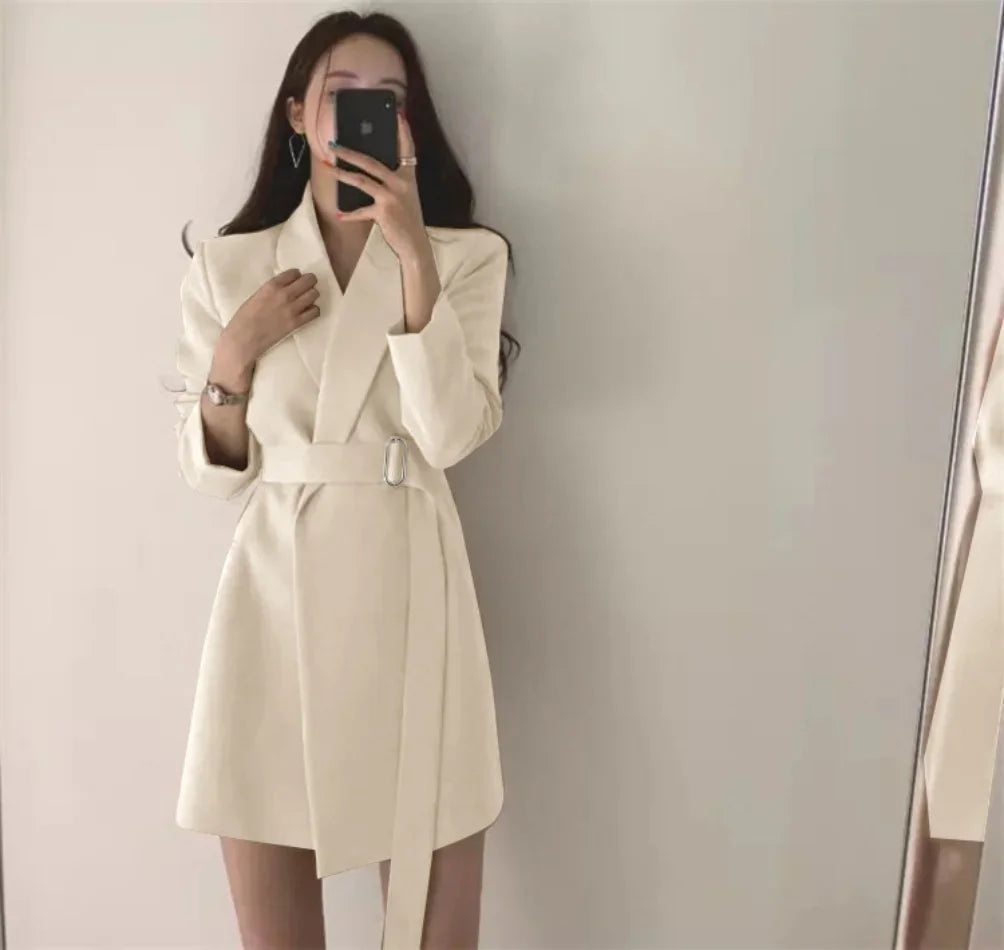 New 2025 Spring Summer Mid-length Small Thin Suit Vintage Belt Korean Fashion Casual Temperament Blazers for Women Clothing RT220