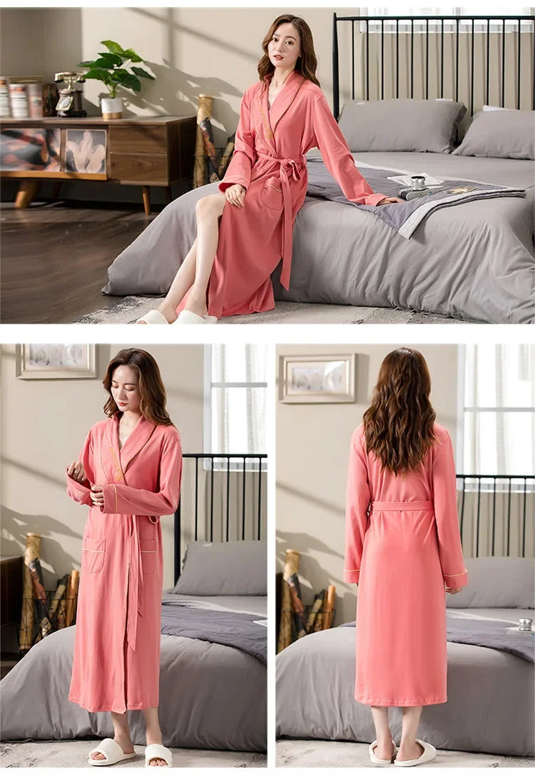 Spring Autumn Long Sleeve Cotton Casual Loose-fit Quick Dry Bathrobe For Women Medium-length Home Use Robe For Young Mothers RT220