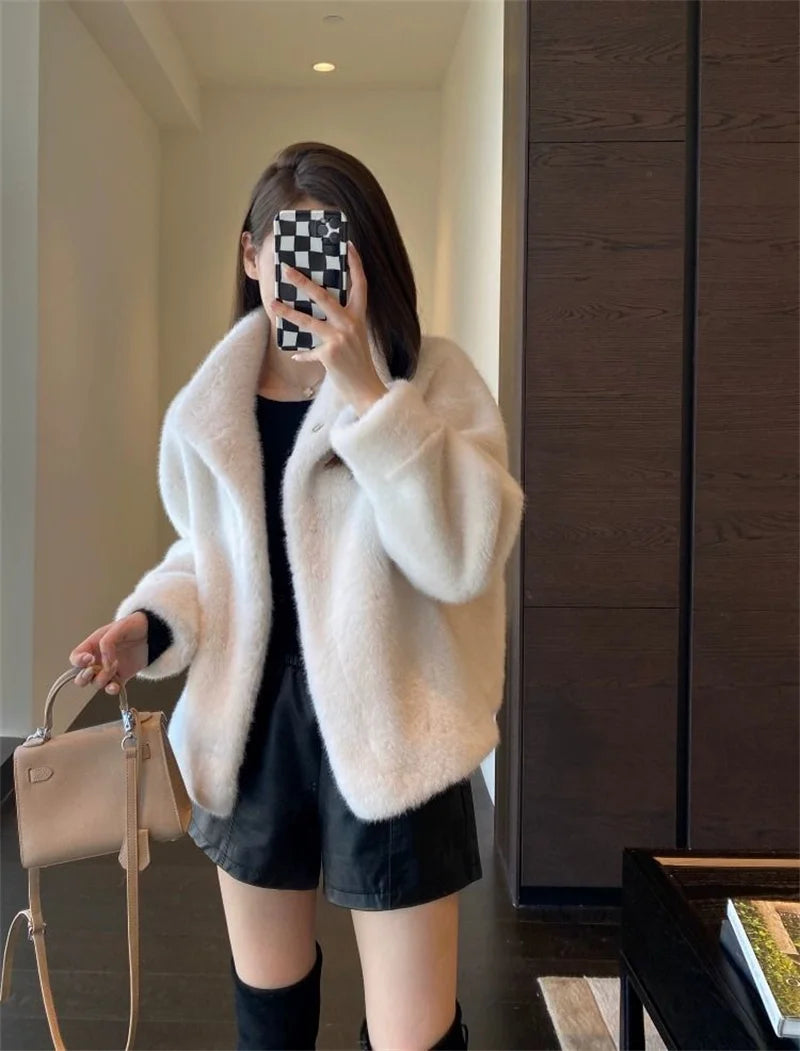 2024 Women Solid Color Stand Collar Mink Fur Top Female Long Sleeves Fox Fur Jacket Spring Autumn Lady Short Leather Fur Outwear RT220