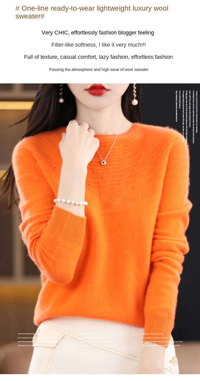 100% Merino Wool Knitted Sweater Autumn/Winter 2024 New Women's Round Neck Hollow Top 11 Color Pullover Versatile Coat NJR1107 RT220