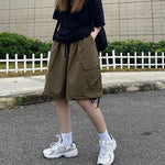 Rimocy Summer Knee Length Cargo Shorts Women 2025 Bf Harajuku Wide Leg Shorts Woman Streetwear Pockets Baggy Short Pants Female RT220