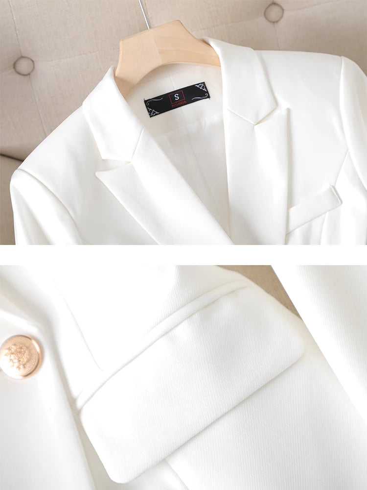 Gray Black Blue White Fashion Women Pant Suit Long Sleeve Solid Ladies Blazer and Trouser Formal 2 Piece Set For Autumn Winter RT220