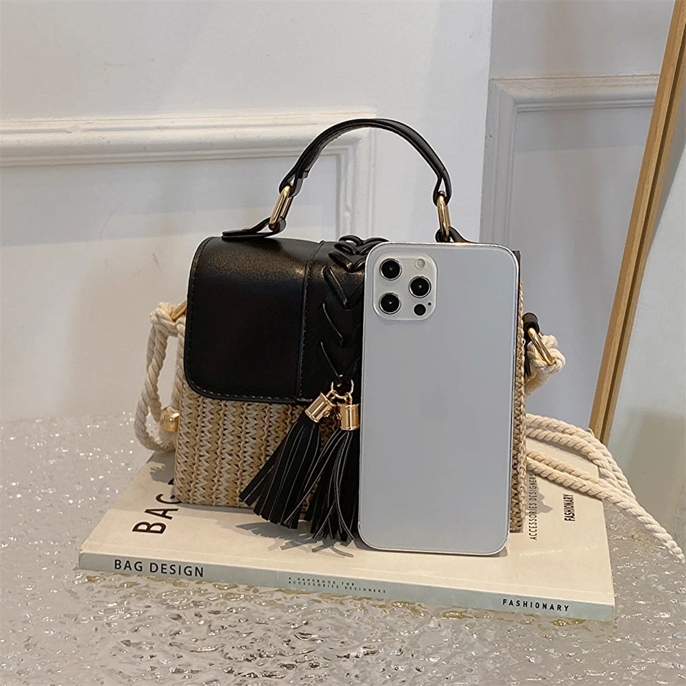 MOODS Straw Beach Bag For Women 2023 Summer New Luxury Designer Handbags Hit Color Tassels Shoulder Crossbody Box Bag Sac A Main RT220