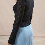 CHRONSTYLE Vintage Women Spring Fall Slim Fit Lace T-shirts Crop Tops Long Sleeve Low Cut Tie Up Tees Shirts Party Clubwear 2023 RT220