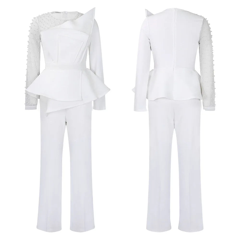 Luxury Jumpsuits & Rompers for Women Round Neck Beaded Transparent Sleeve High Waisted Elegant Female Birthday Party Overalls RT220