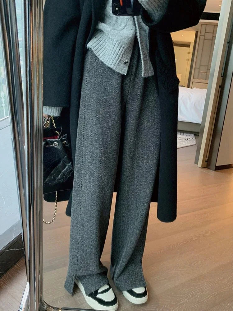 Women Pants Autumn Winter Thickening High Waisted Wool Wide Leg Pants Women Fashion Chevron Lengthening Leg Opening Floor Length RT220
