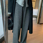 Women Pants Autumn Winter Thickening High Waisted Wool Wide Leg Pants Women Fashion Chevron Lengthening Leg Opening Floor Length RT220