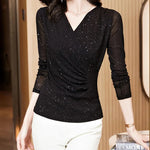 New Spring Women's T-Shirt Cross V-Neck Solid Color Bright Powder Slim Long-Sleeved Mesh Tops Elastic Bottoming Shirt RT220