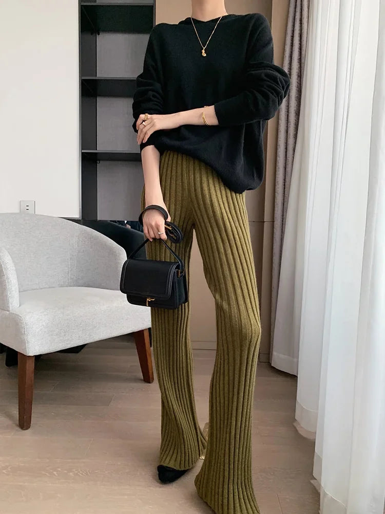 Autumn Winter Casual Thick Knitted Pant Women Long Trousers Elastic High Waist Kniting Wide Leg Pants Striped Pantalon RT220