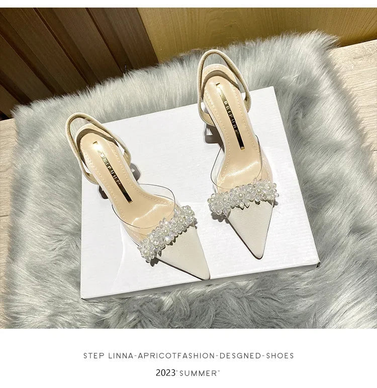 Summer Women Baotou Sandals 2024 New French Transparent Pointed Toe Crystal Stiletto Heel Sandals Pumps Zapatillas Mujer RT220