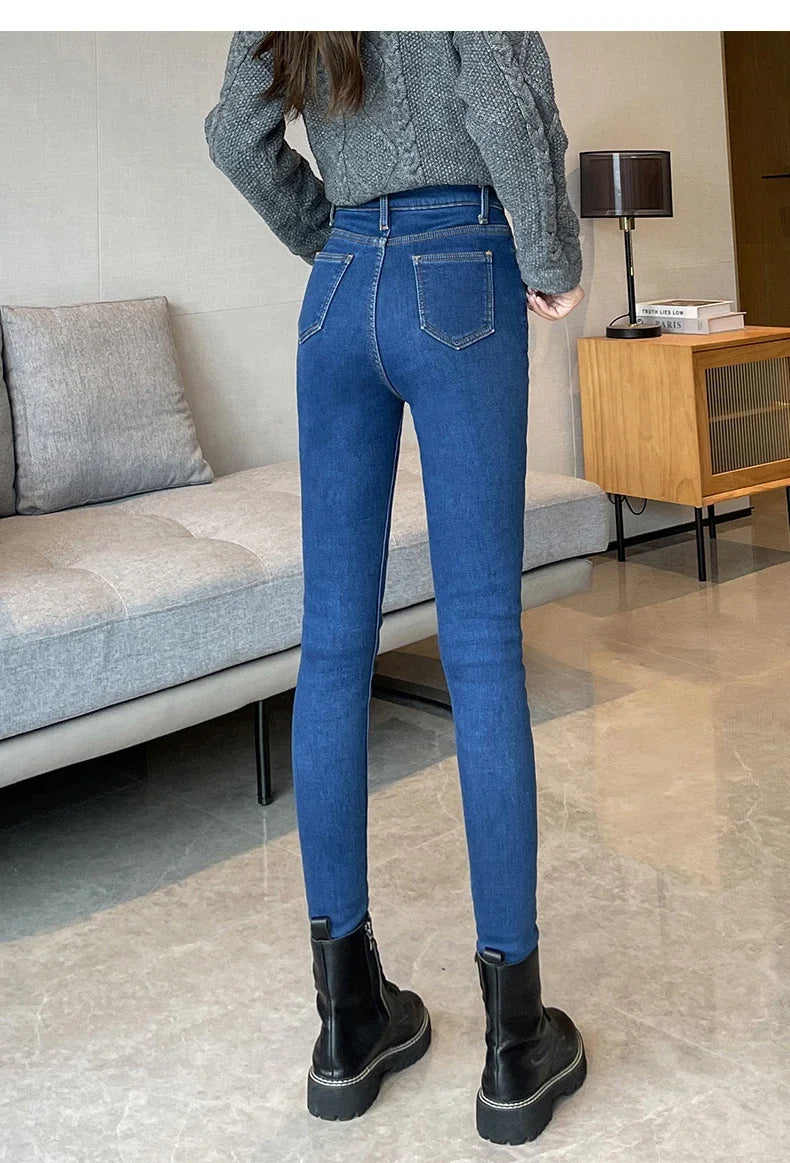 Skinny Women's Warm Jeans Winter Thicken Fleece Stretch High Waist Pencil Pants Fashion Korean Black Blue Gray Velvet Leggings RT220