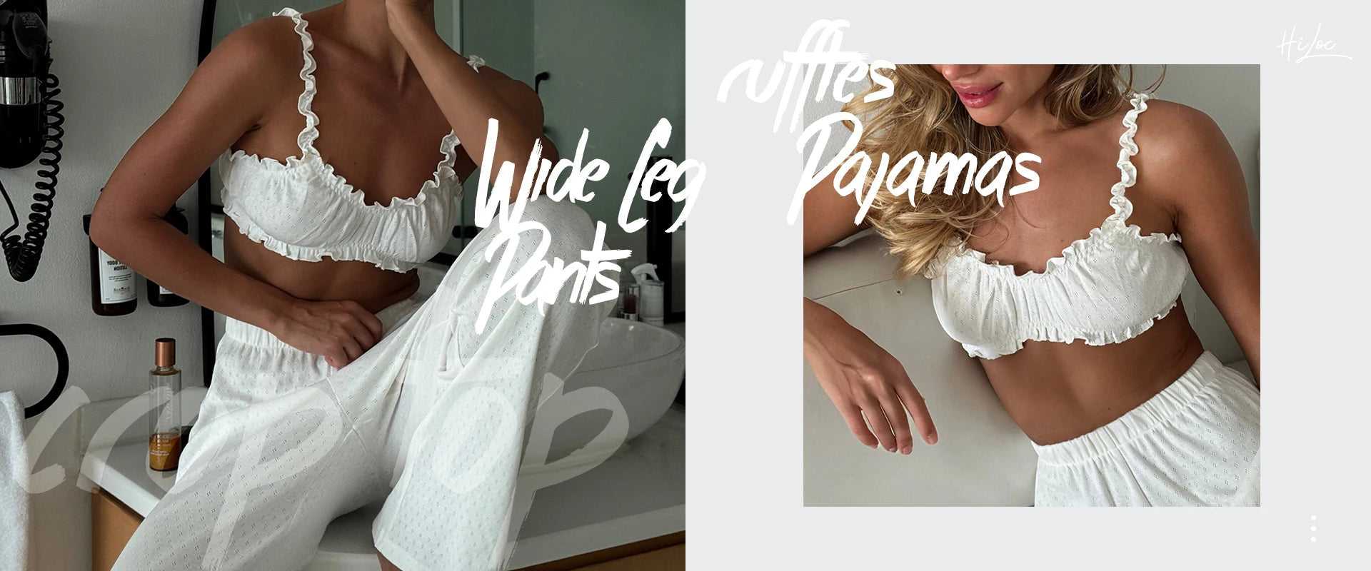 HiLoc Elegant Silk White Pajamas Sets Women Feather Cuffs Blouses With Wide Legs Pants Sleepwear Female 2025 Spring Autumn Suits RT220