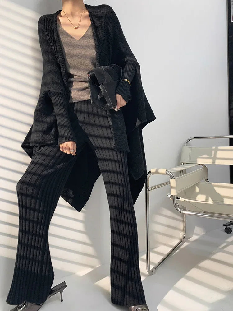 Autumn Winter Casual Thick Knitted Pant Women Long Trousers Elastic High Waist Kniting Wide Leg Pants Striped Pantalon RT220