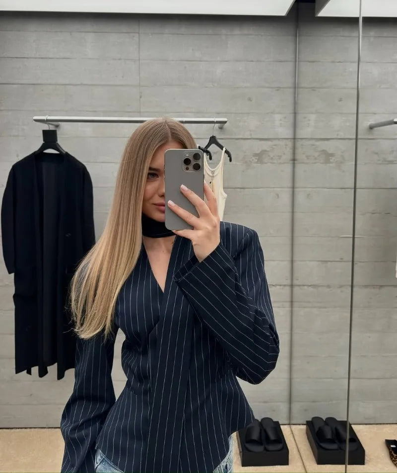 Trendix Elegant Blazer 2 Piece Sets Women V Neck Patchwork Scarf Lace Up Jackets Femme Bodycon Skirt And Commuting Blazers Suits RT220