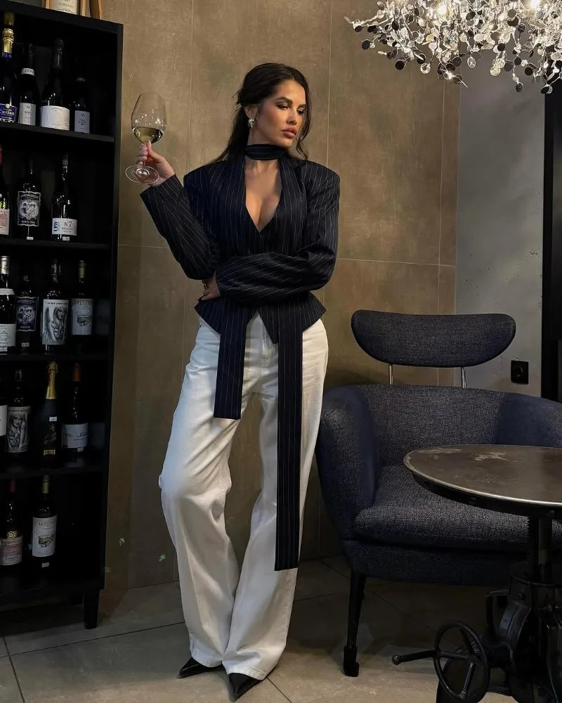 Trendix Elegant Blazer 2 Piece Sets Women V Neck Patchwork Scarf Lace Up Jackets Femme Bodycon Skirt And Commuting Blazers Suits RT220