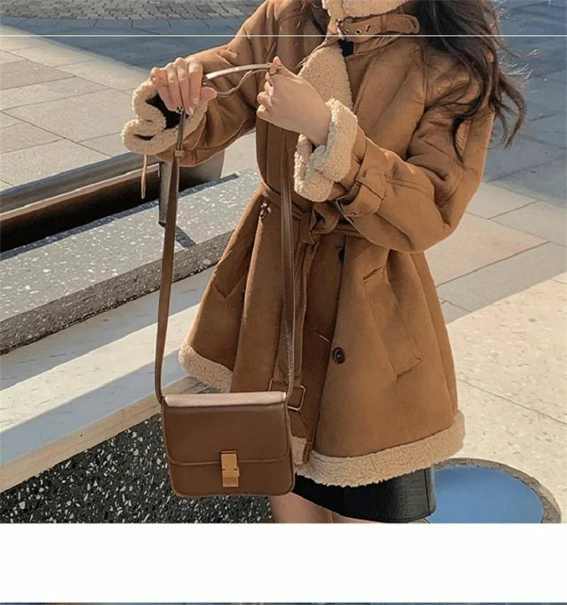 2024 Autumn Winter New Medium Long Double-breasted Lambswool Suede Woolen Coat Women Add Velvet Padded Warm Fur One Woolen Coats RT220