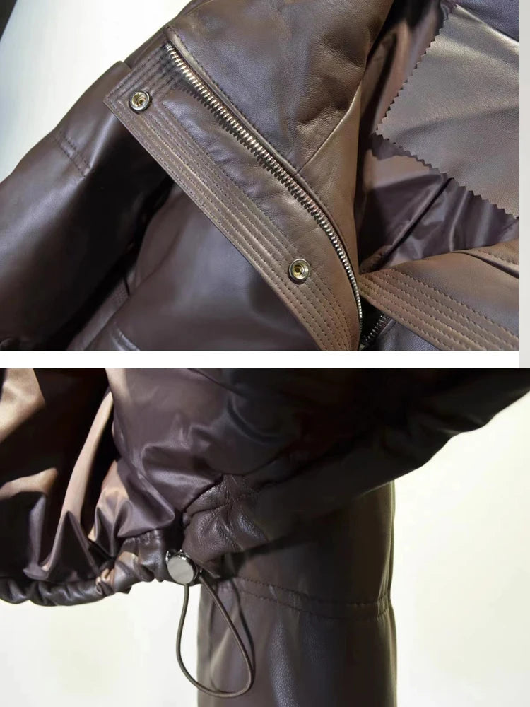 Women Leather Down Jacket Winter 2025 High End Genuine Sheepskin Down Coat Outdoor Thicked Warm Short Puffer Jacket Streetwear RT220