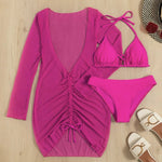 Long Sleeves Dress Bikini Set 2025 Women Neon Green Lace Up 3 Pieces Swimsuit Brazilian Bathing Suit Pleate Cover Up Swimwear RT220