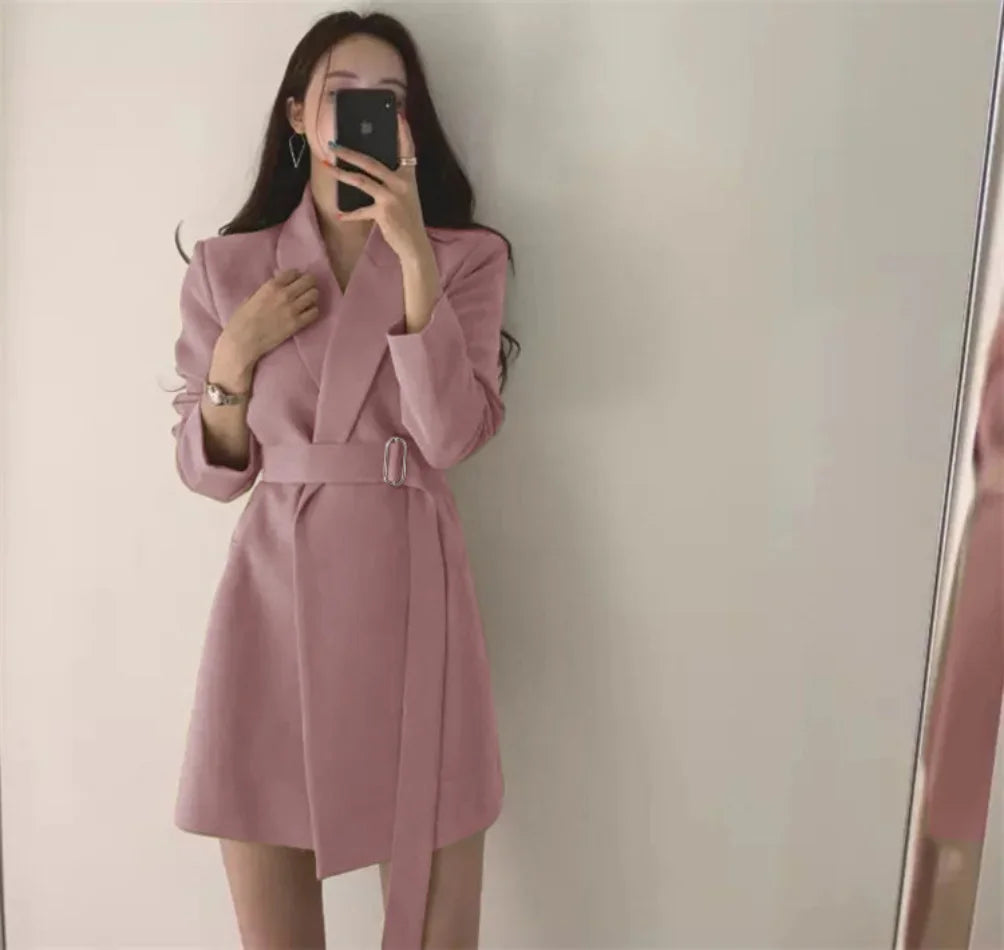New 2025 Spring Summer Mid-length Small Thin Suit Vintage Belt Korean Fashion Casual Temperament Blazers for Women Clothing RT220