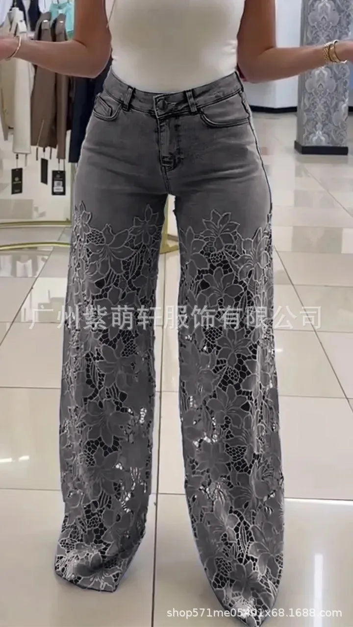 Women's Spring Summer Fashion Hollow Out Lace Splicing Denim Drape Pants Full Length Trousers RT220