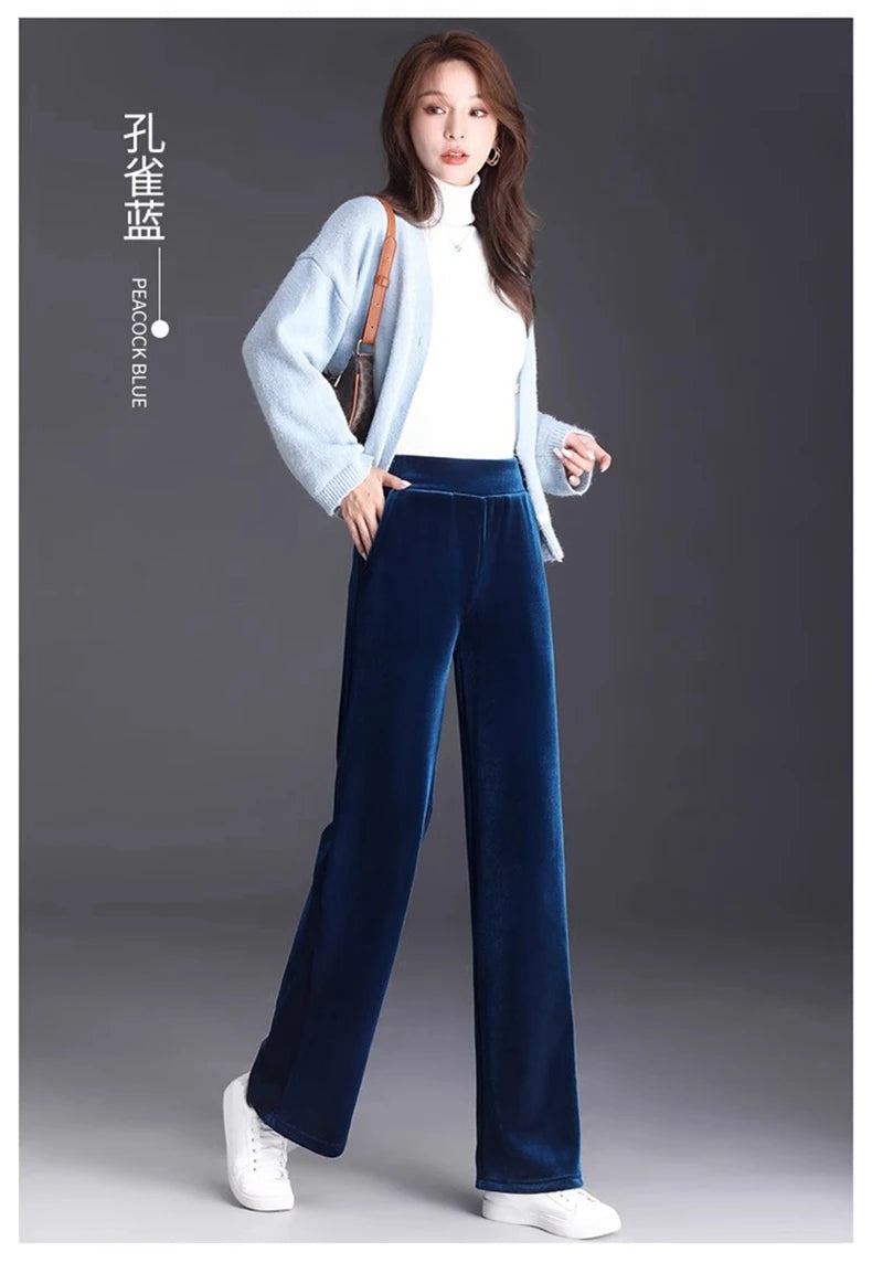 Golden Velvet Wide Legged Pants 2024 Spring and Autumn High Waist Hanging Good Casual Pants Blue Loose Straight Women's Pants6XL RT220