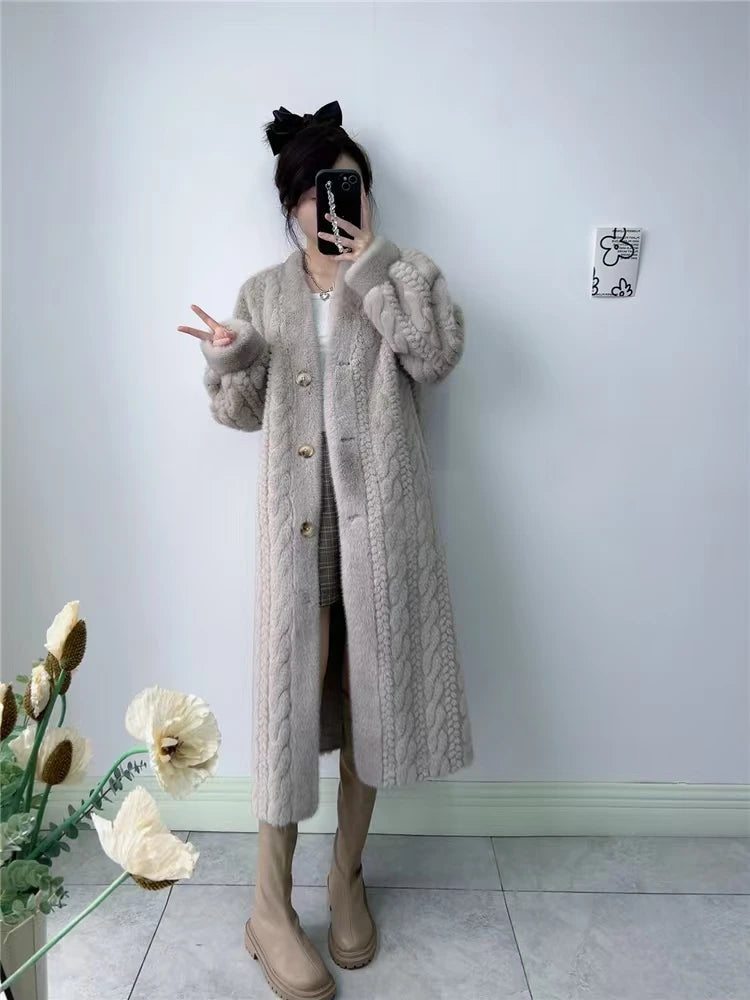 Women Fur Cardigan Thickened Long 2024Autumn Winter V-neck Jacket Female Loose Simple Leisure With Buttons Casual Faux Fur Coat RT220