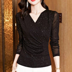 New Spring Women's T-Shirt Cross V-Neck Solid Color Bright Powder Slim Long-Sleeved Mesh Tops Elastic Bottoming Shirt RT220