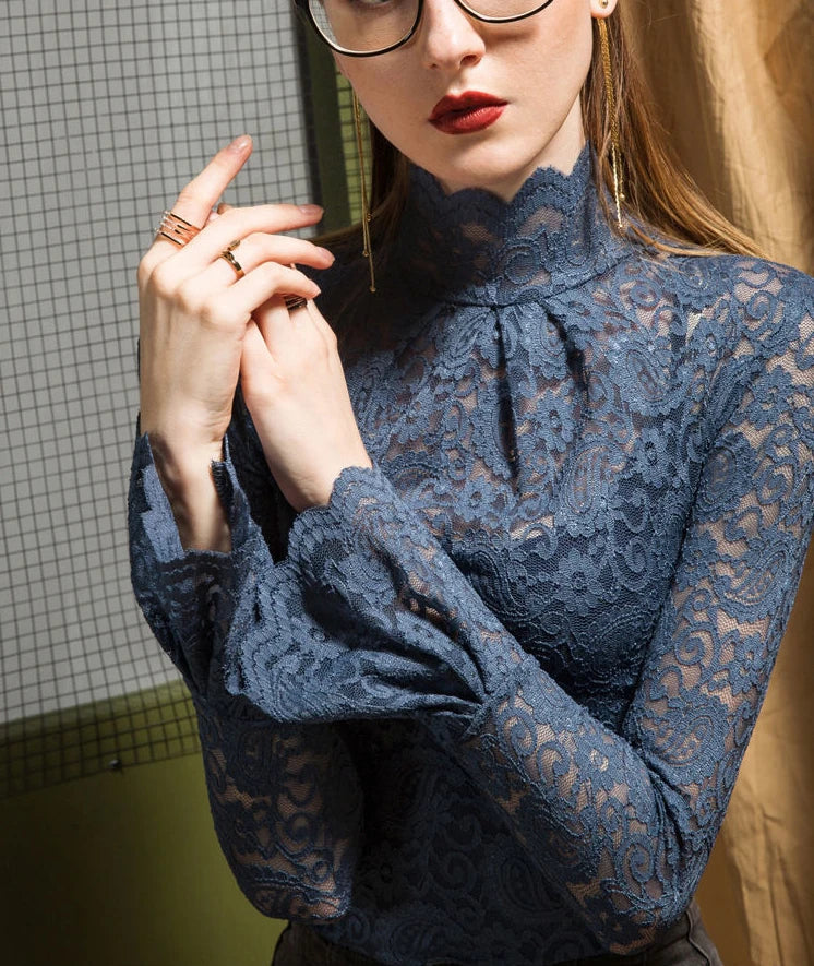 Women Paisley Flower Lace Shirt S-2XL Stretch Turtleneck Bell Sleeve Blouse Tops Pink Blue Coffee Green Fashion Ladies Blouses RT220