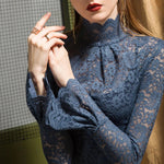 Women Paisley Flower Lace Shirt S-2XL Stretch Turtleneck Bell Sleeve Blouse Tops Pink Blue Coffee Green Fashion Ladies Blouses RT220