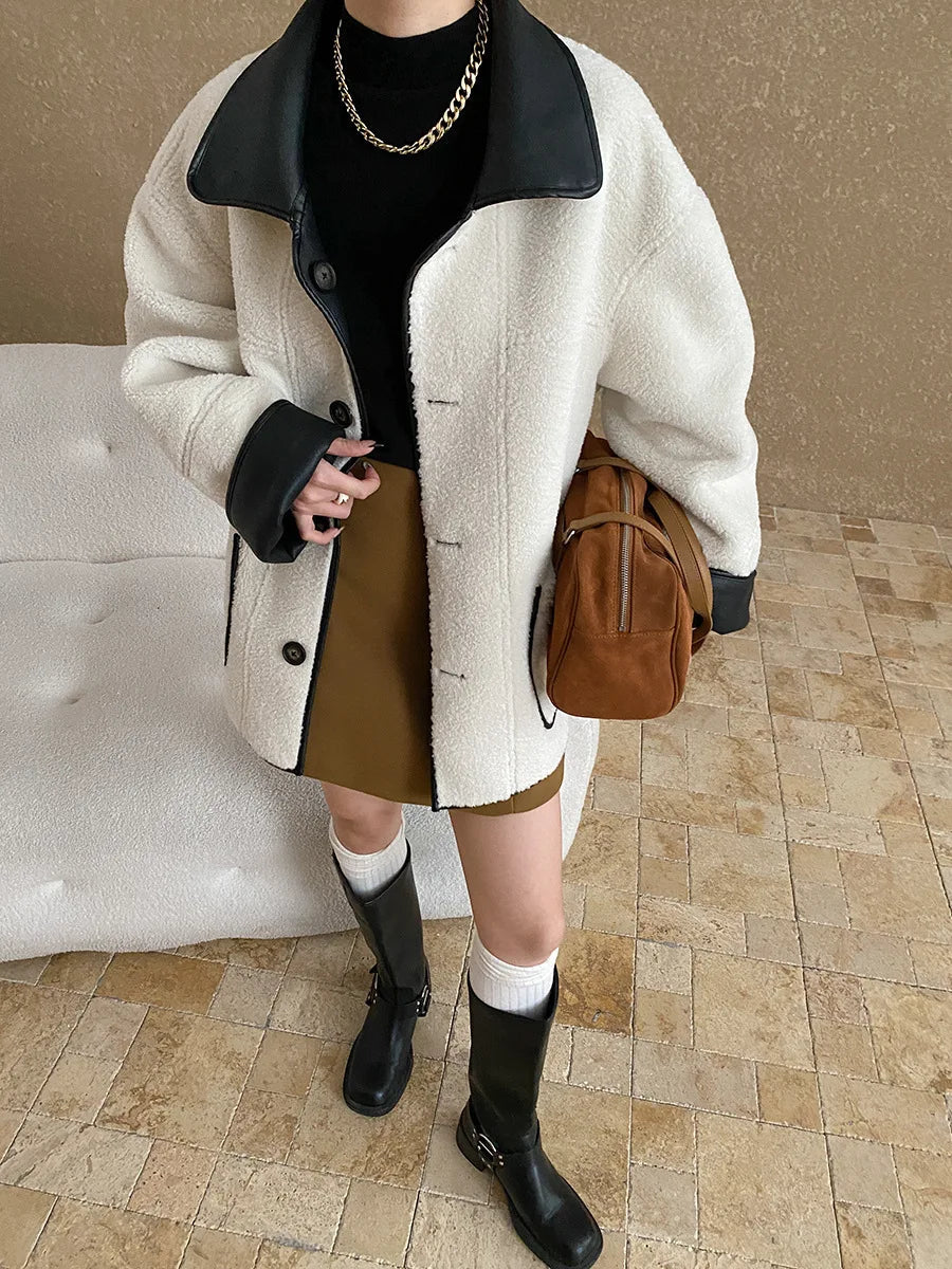 [LANMREM] Faux Fur Thick Warm Coats Lapel Single Breasted Office Lady Elegant Female Outwear Fashion 2025 Winter New 26C1095 RT220