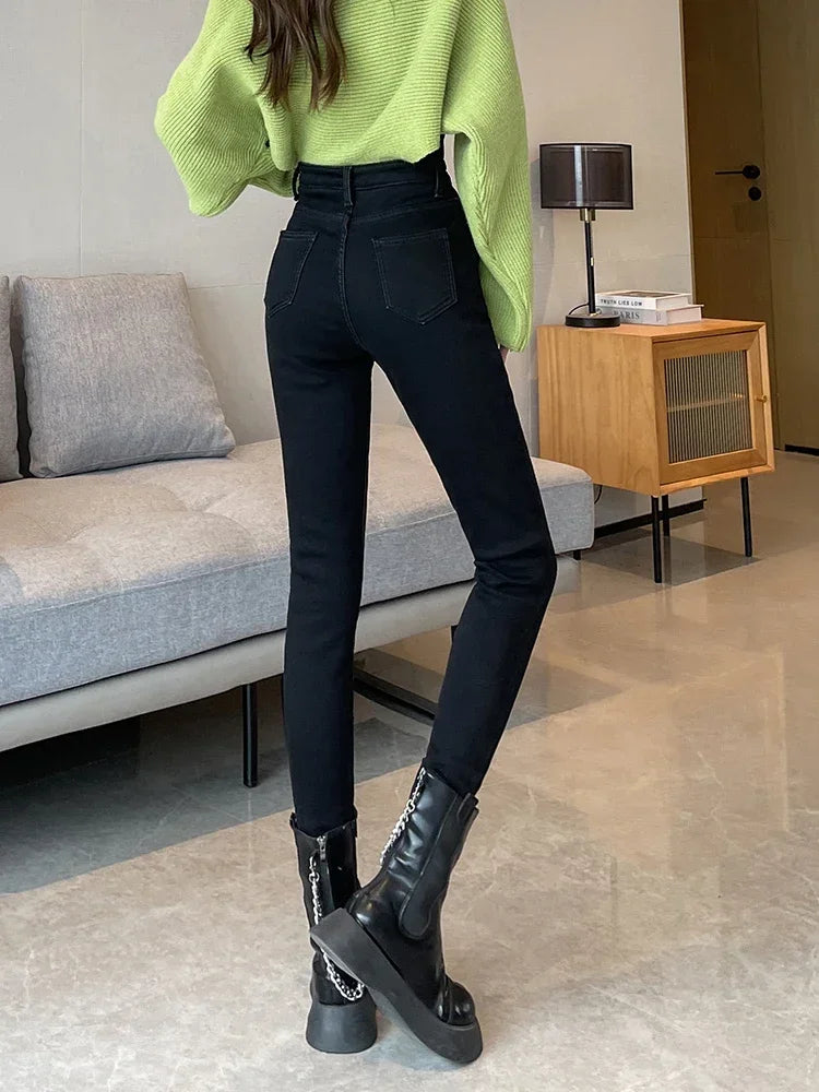 Skinny Women's Warm Jeans Winter Thicken Fleece Stretch High Waist Pencil Pants Fashion Korean Black Blue Gray Velvet Leggings RT220