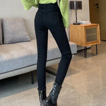 Skinny Women's Warm Jeans Winter Thicken Fleece Stretch High Waist Pencil Pants Fashion Korean Black Blue Gray Velvet Leggings RT220